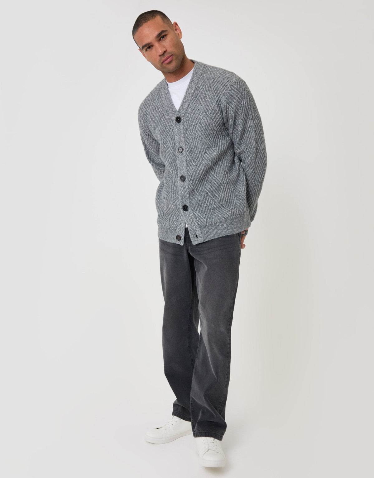 Textured Stitch V Neck Cardigan in Grey Marl