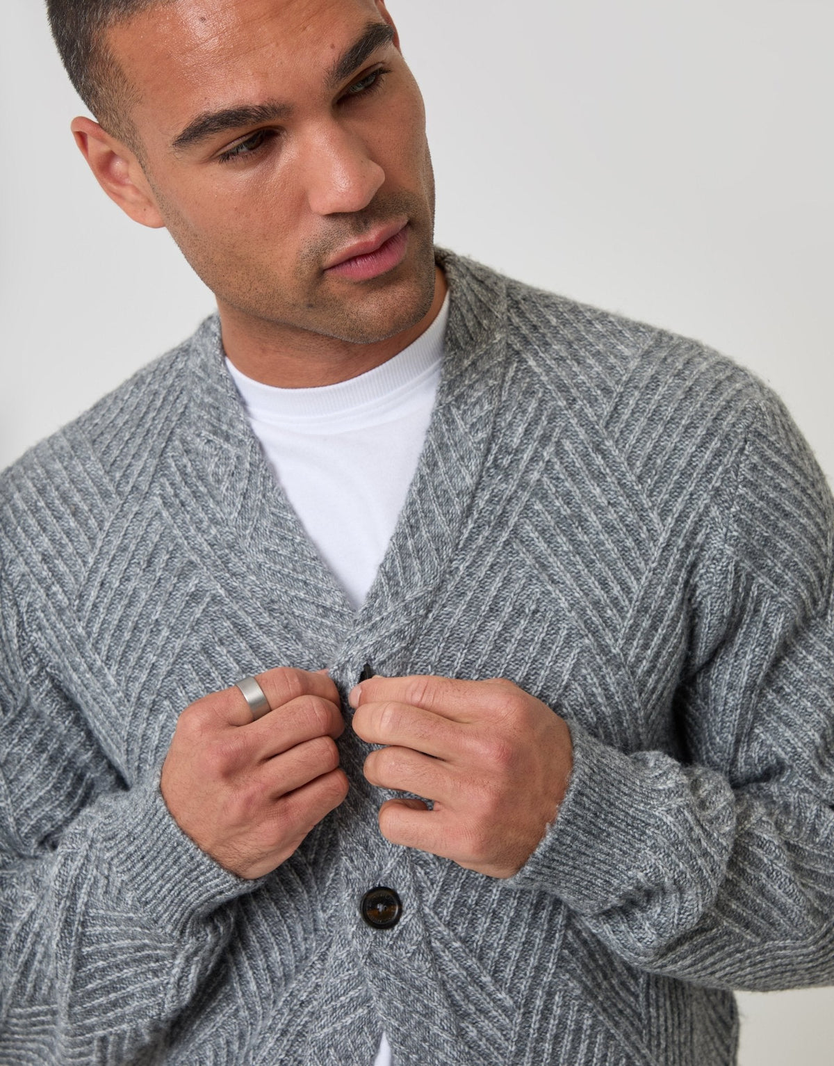 Textured Stitch V Neck Cardigan in Grey Marl