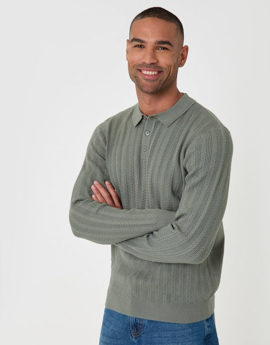 Textured Cable Knit Polo Jumper in Sage