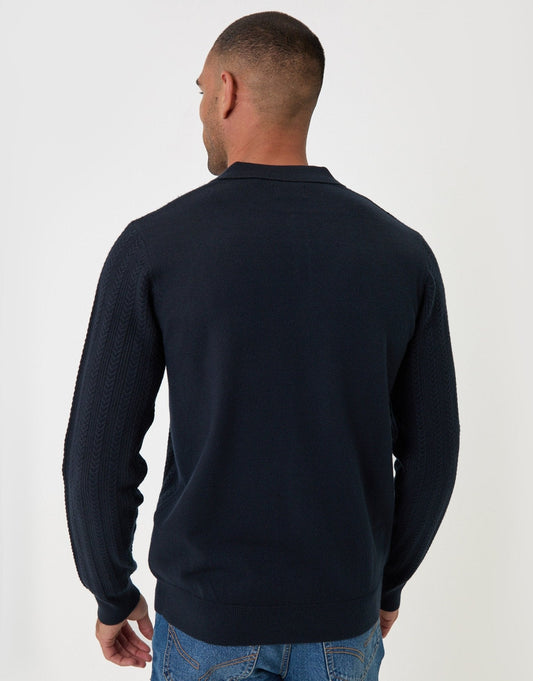 Textured Cable Knit Polo Jumper in Navy