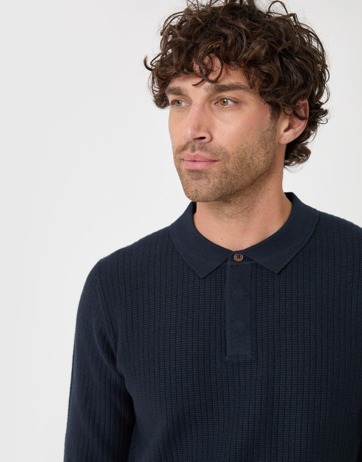Men's Waffle Stitch Polo Button Jumper in Navy | SATRI