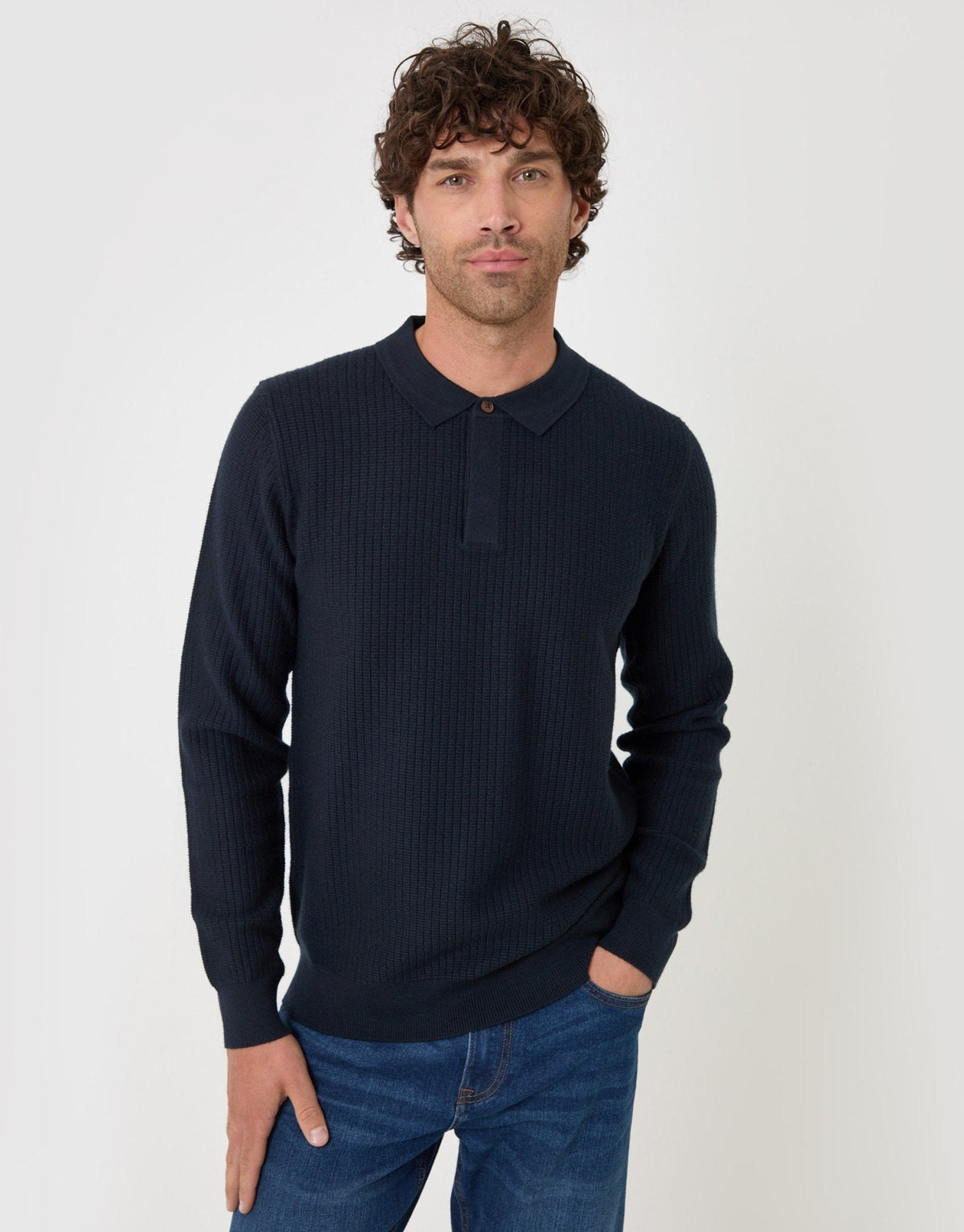 Waffle Stitch Polo Button Jumper in Navy