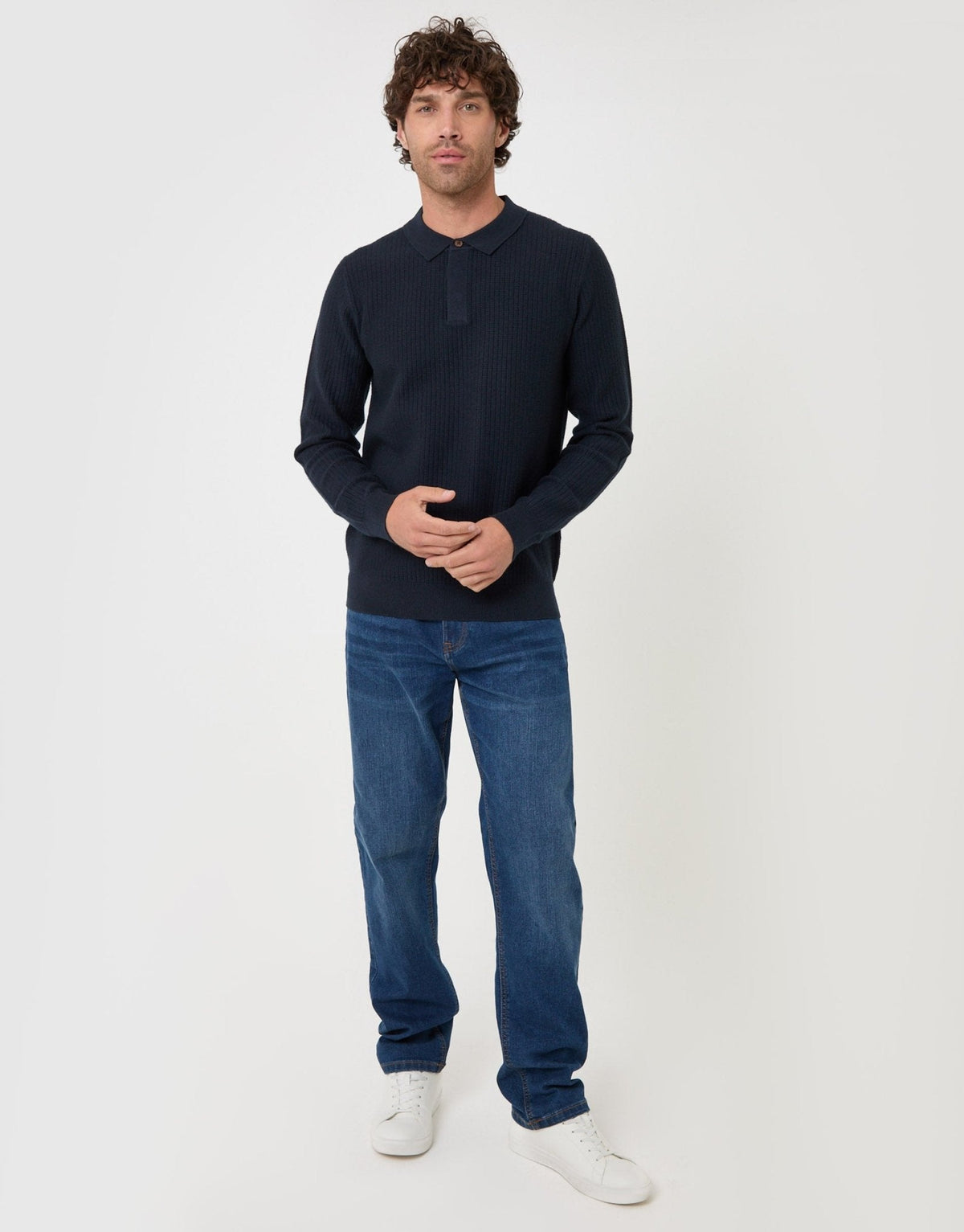 Waffle Stitch Polo Button Jumper in Navy