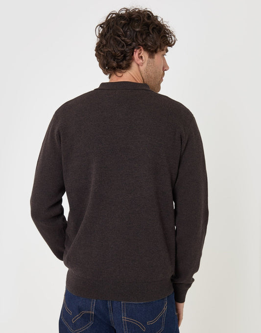 Cotton Rich Quarter Zip Long Sleeve Polo in Chocolate Brown