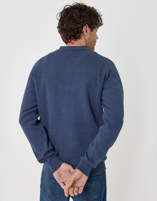 Cotton Rich Quarter Zip Long Sleeve Polo in Denim Blue