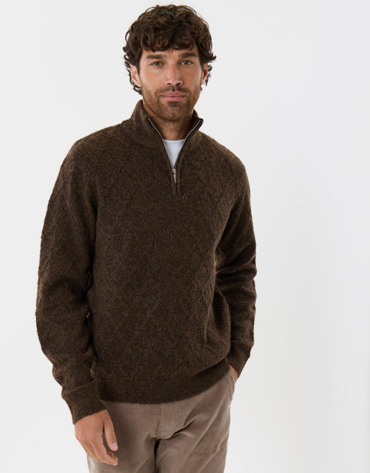 Diamond Cable Knit Quarter Zip Jumper in Chocolate Brown