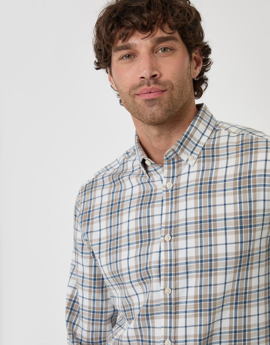 Men's Brushed Cotton Flannel Shirt in Cream Check | SATRI