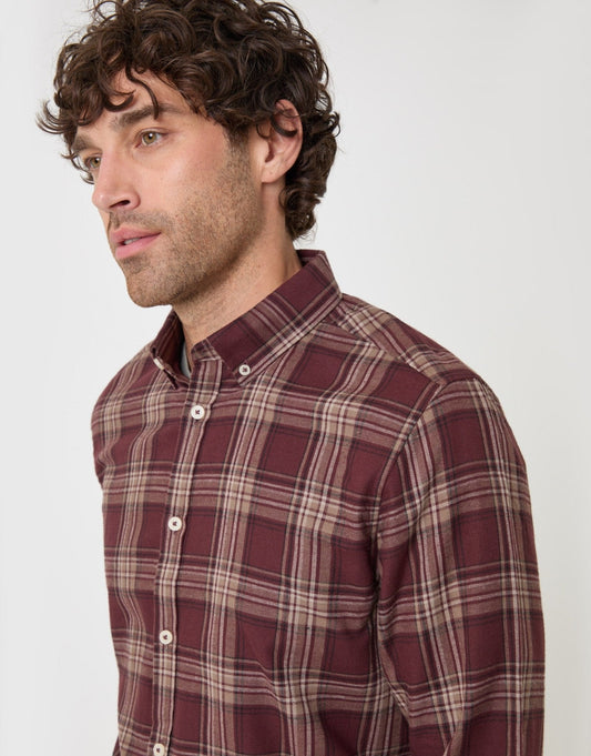 Brushed Cotton Flannel Shirt in Burgundy Check