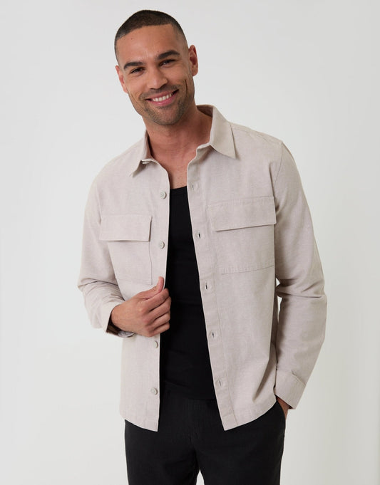 Men's Linen Blend Lightweight Shacket in Stone | SATRI