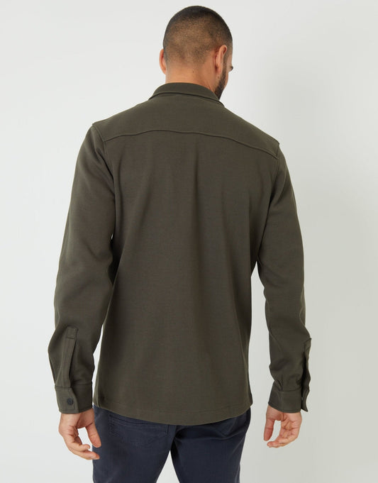 Pique Popper Fastening Shacket in Khaki Green