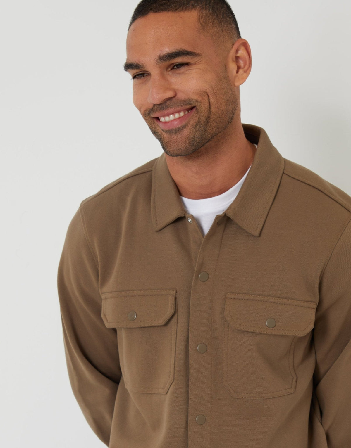 Pique Popper Fastening Shacket in Taupe