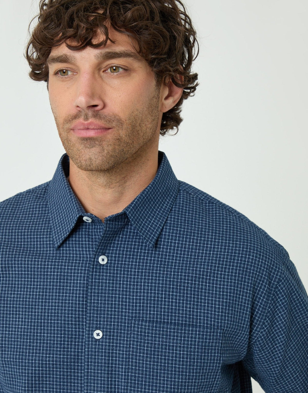 Relaxed Fit Cotton Seersucker Shirt in Navy Check