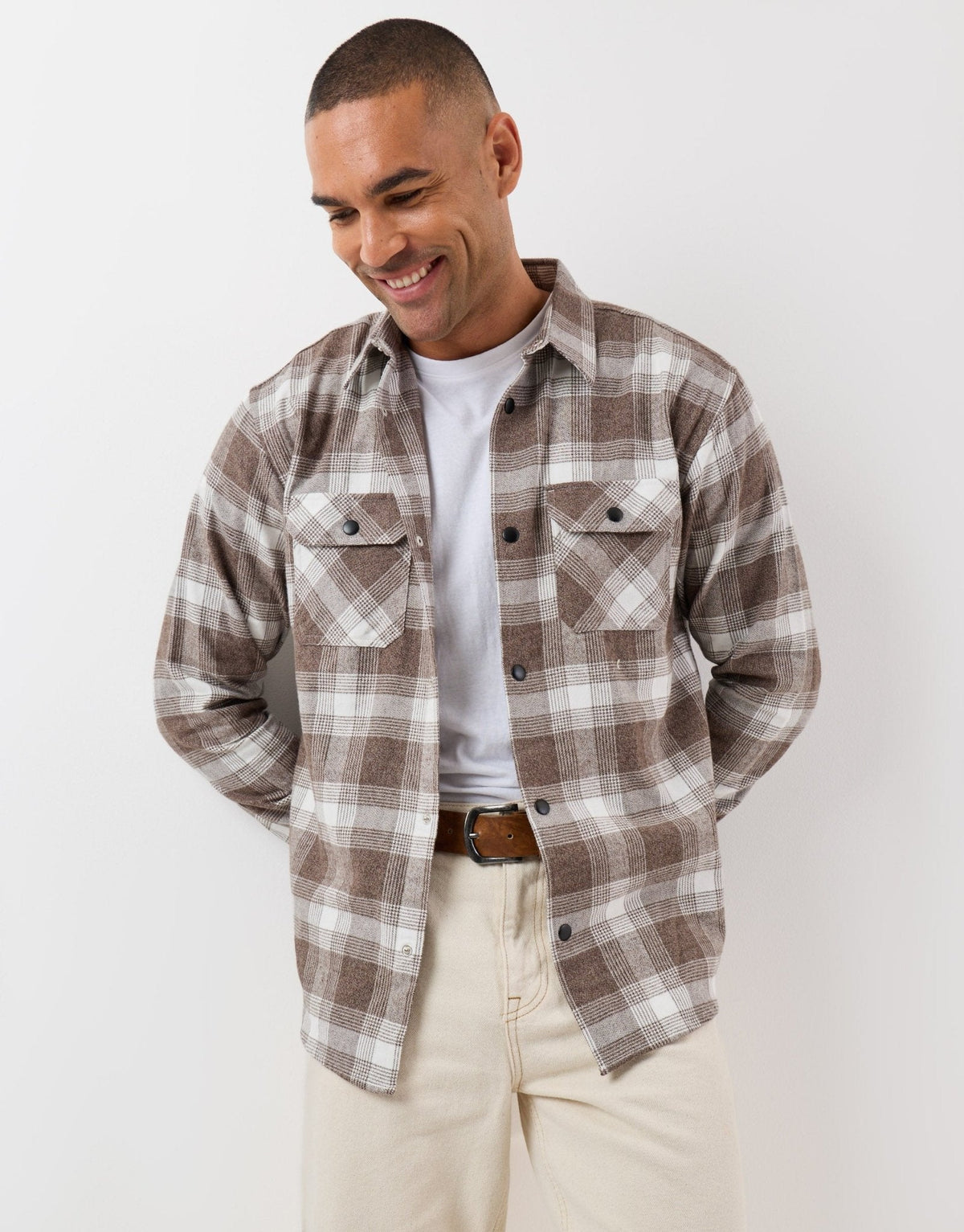 Men's Relaxed Fit Cotton Patch Pocket Shirt in Chocolate Brown Check | SATRI