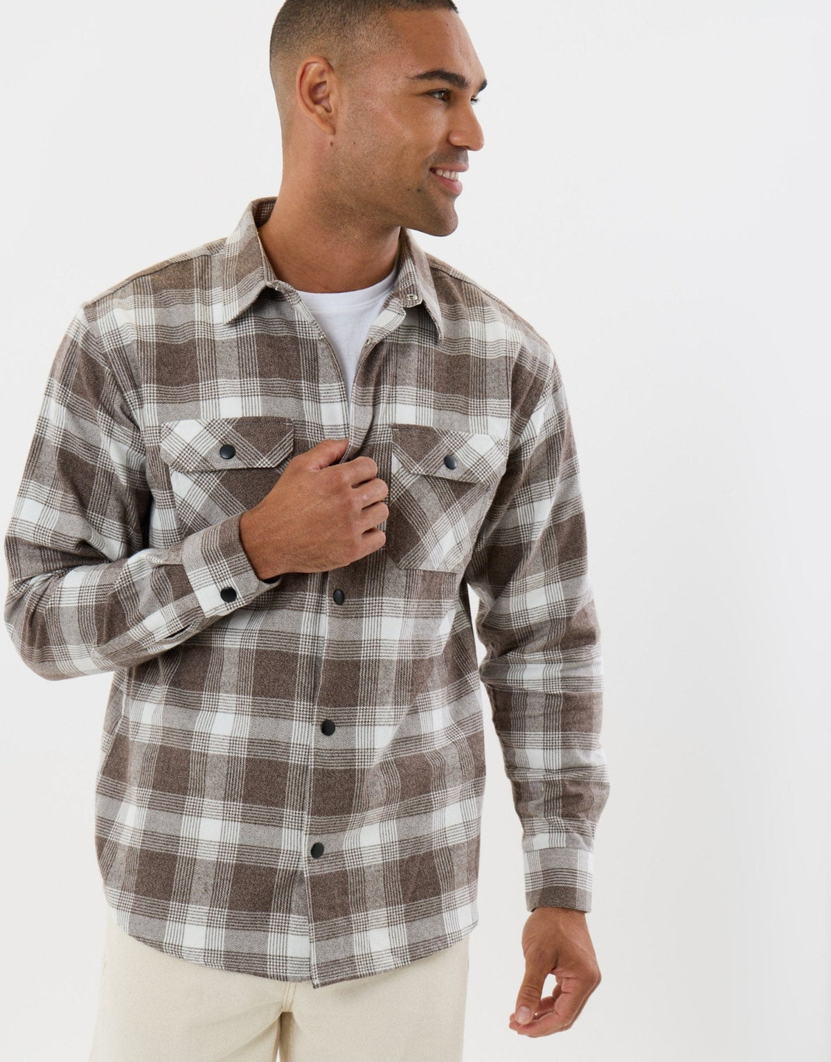 Relaxed Fit Cotton Patch Pocket Shirt in Chocolate Brown Check
