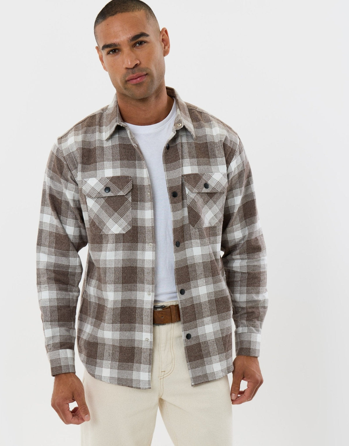 Relaxed Fit Cotton Patch Pocket Shirt in Chocolate Brown Check