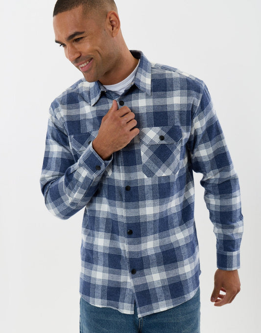 Relaxed Fit Cotton Patch Pocket Shirt in Denim Blue Check