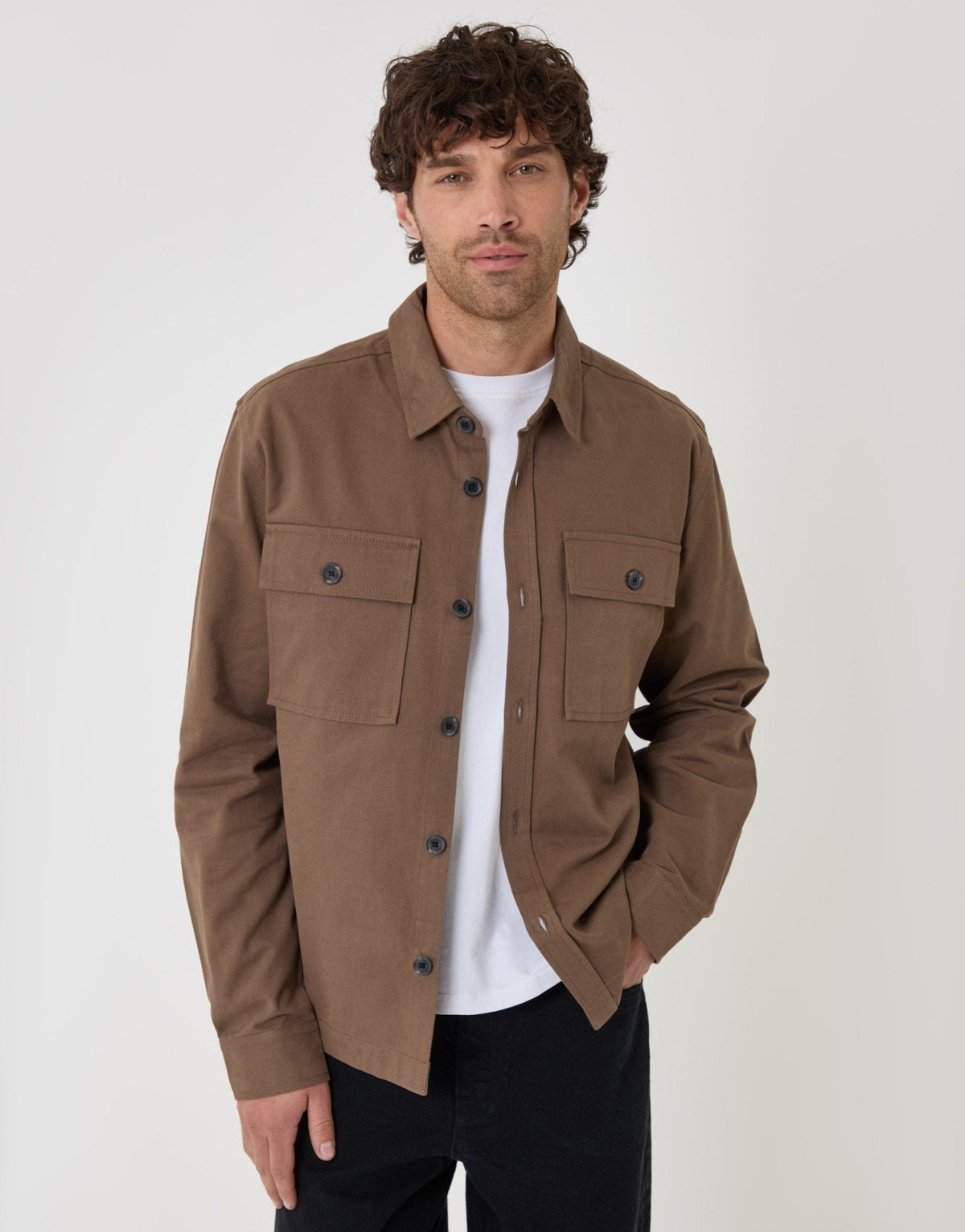 Men's Curved Hem Cotton Shacket in Brown | SATRI
