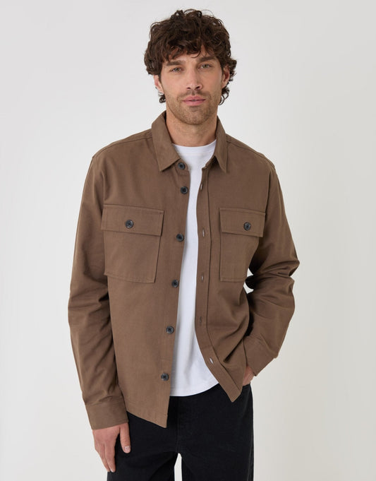 Men's Curved Hem Cotton Shacket in Brown | SATRI