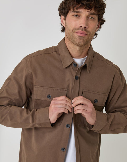 Curved Hem Cotton Shacket in Brown