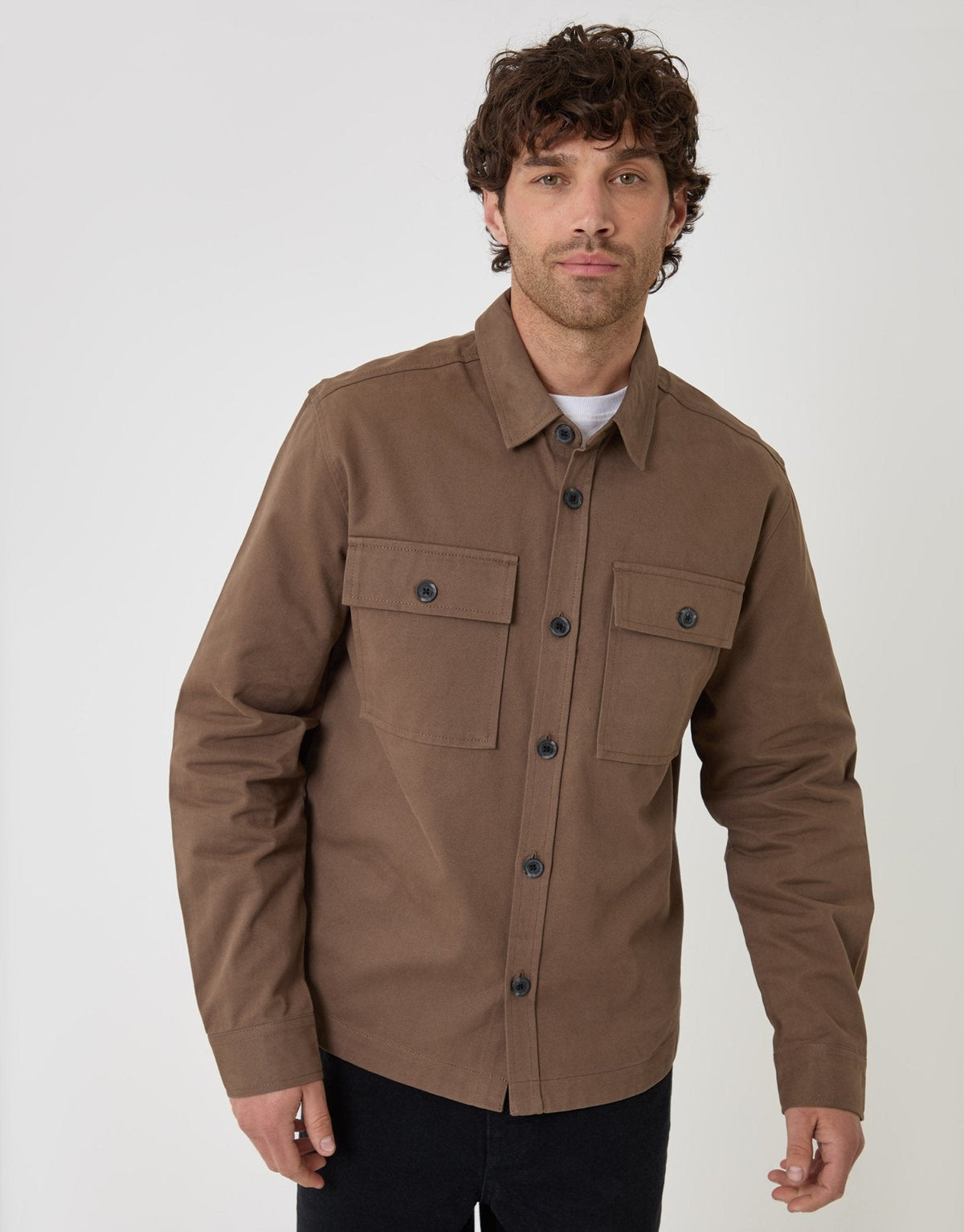 Curved Hem Cotton Shacket in Brown