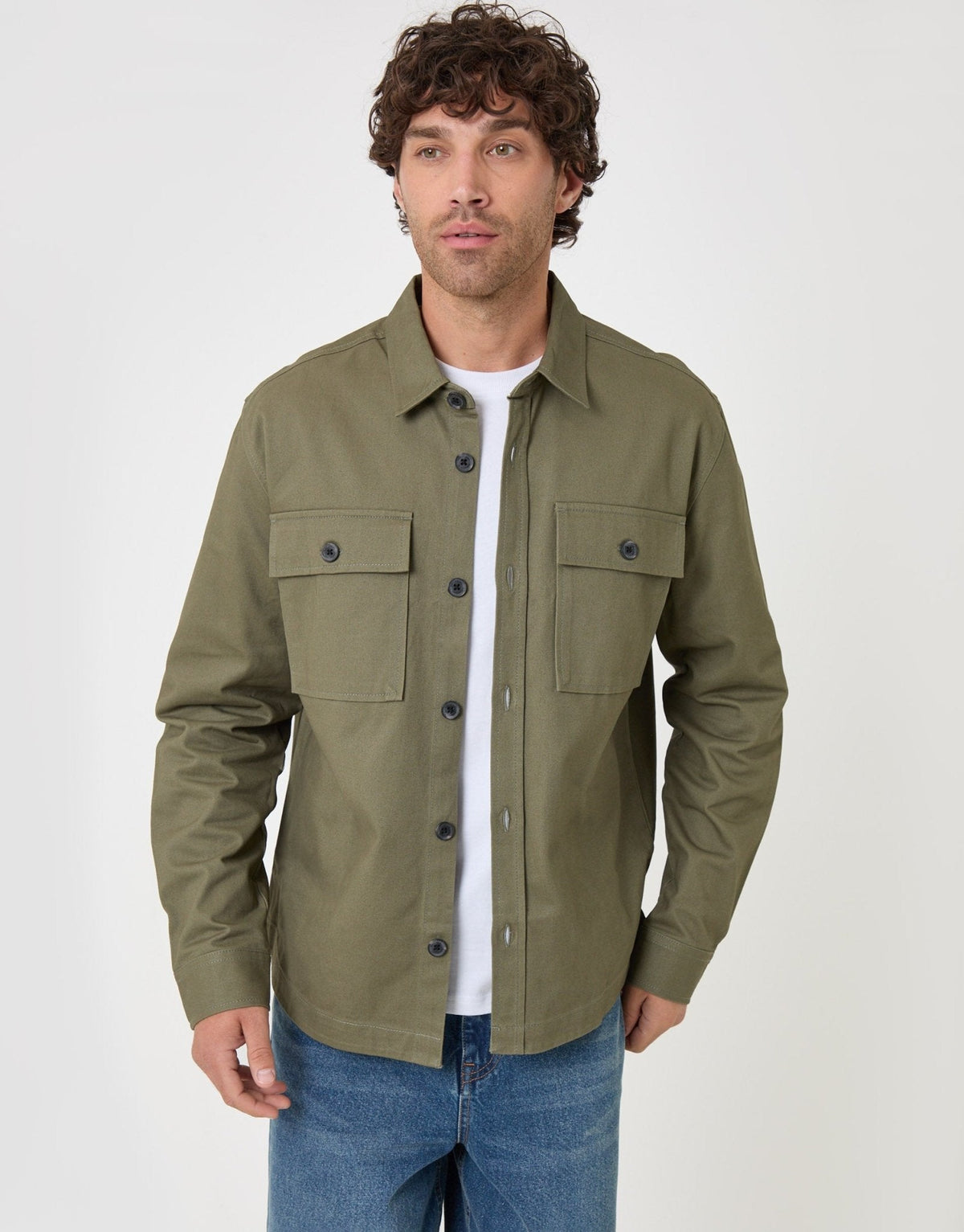 Men's Cotton Twill Shacket with Pockets in Olive Green | SATRI