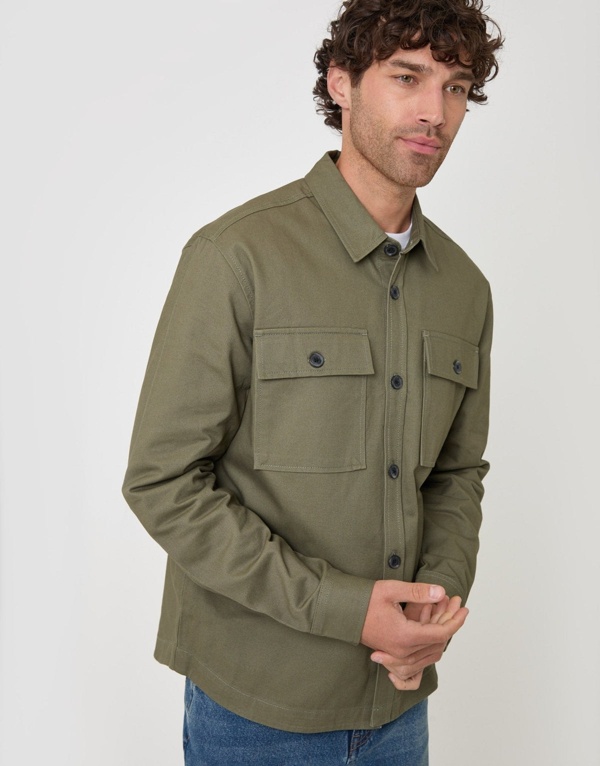 Cotton Twill Shacket with Pockets in Olive Green