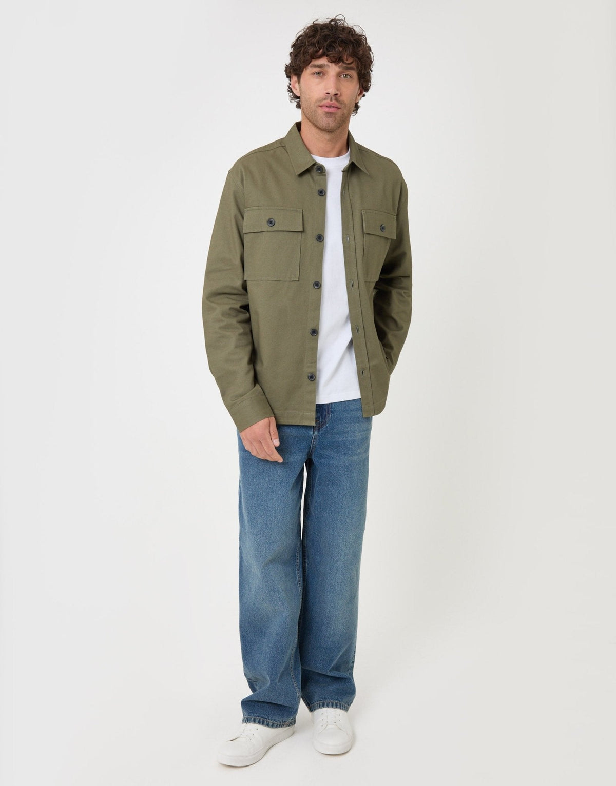 Cotton Twill Shacket with Pockets in Olive Green