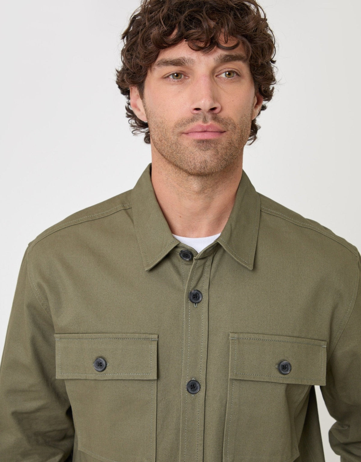 Cotton Twill Shacket with Pockets in Olive Green