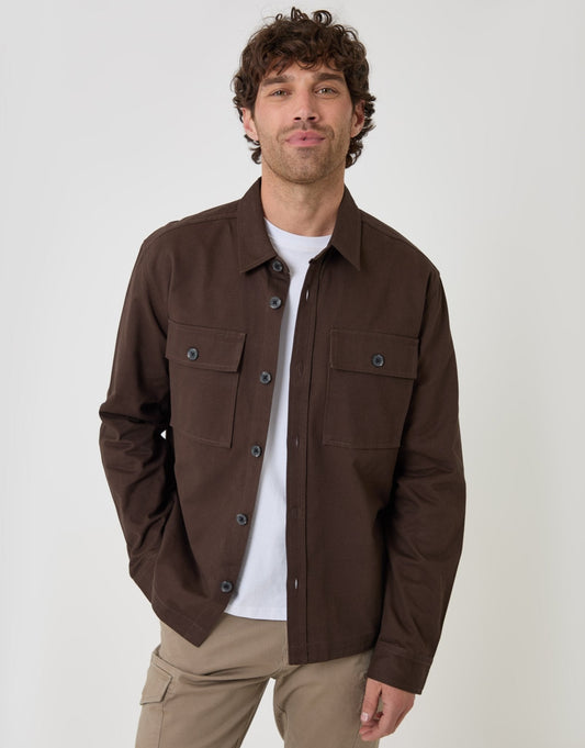 Cotton Twill Shacket with Pockets in Chocolate Brown