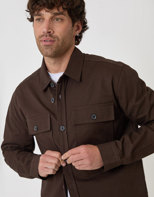 Men's Cotton Twill Shacket with Pockets in Chocolate Brown | SATRI