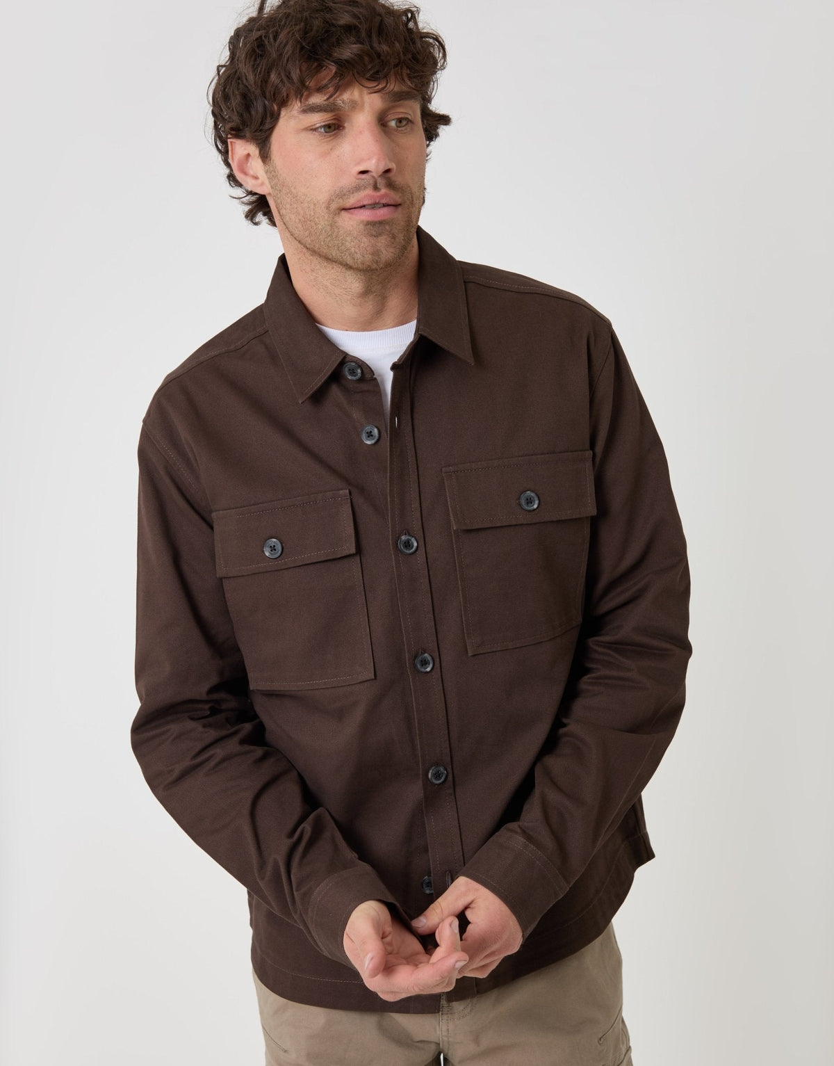 Cotton Twill Shacket with Pockets in Chocolate Brown