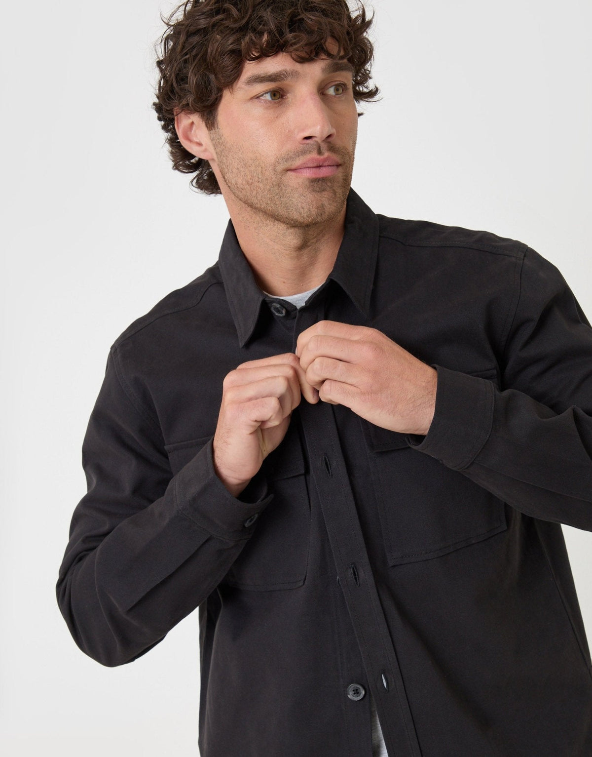 Curved Hem Cotton Shacket in Black
