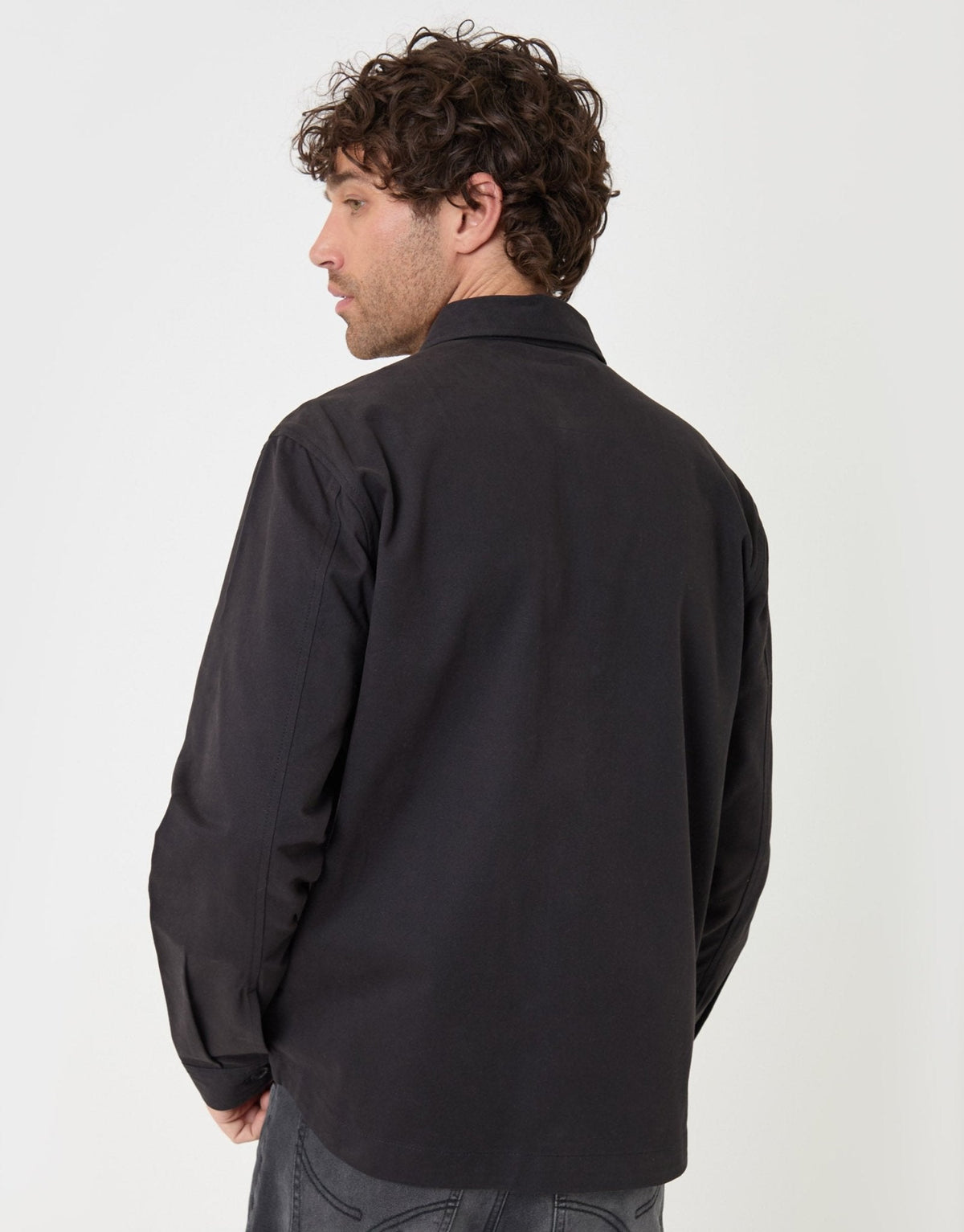 Curved Hem Cotton Shacket in Black