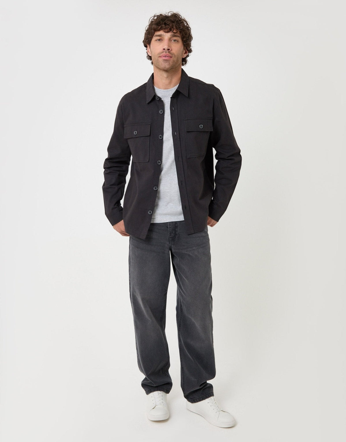 Curved Hem Cotton Shacket in Black