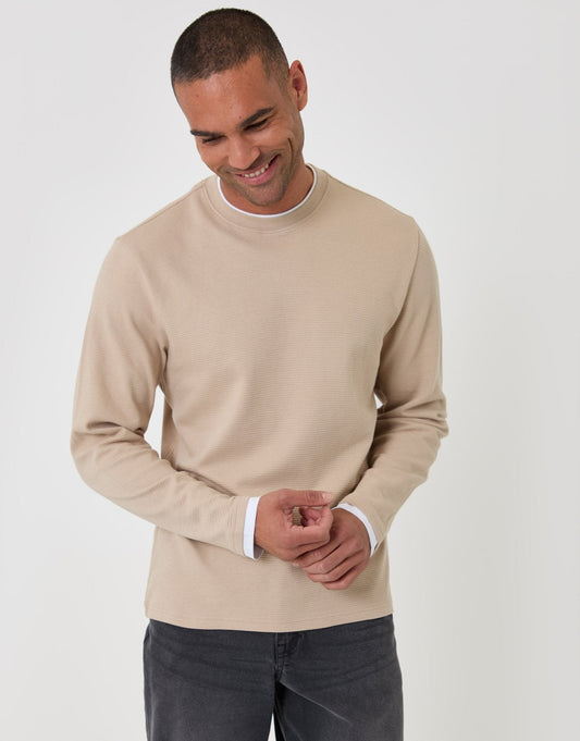 Cotton Mock Layer Long Sleeve T-Shirt in Stone