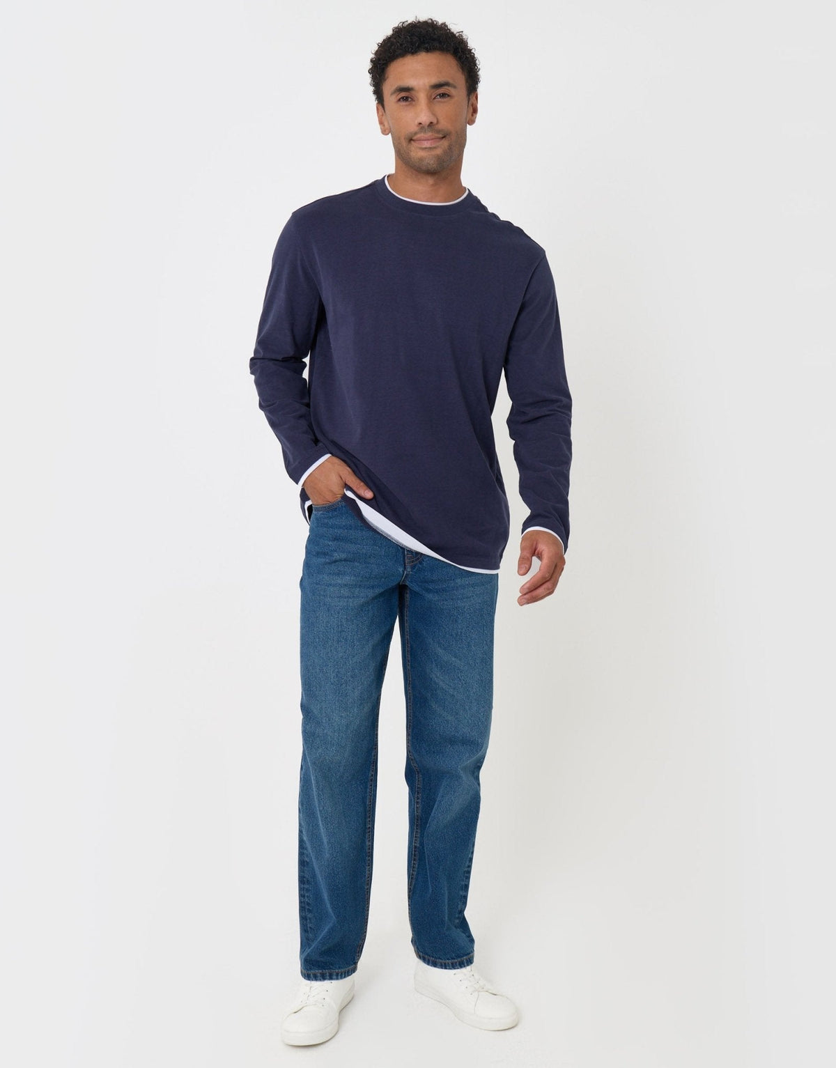Relaxed Fit Mock Layer Long Sleeve T-Shirt in Navy