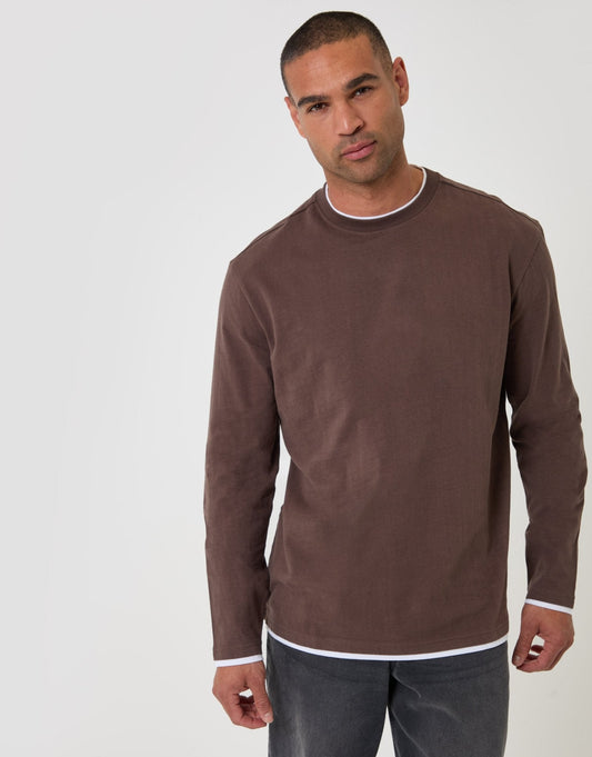 Men's Relaxed Fit Mock Layer Long Sleeve T-Shirt in Chocolate Brown | SATRI