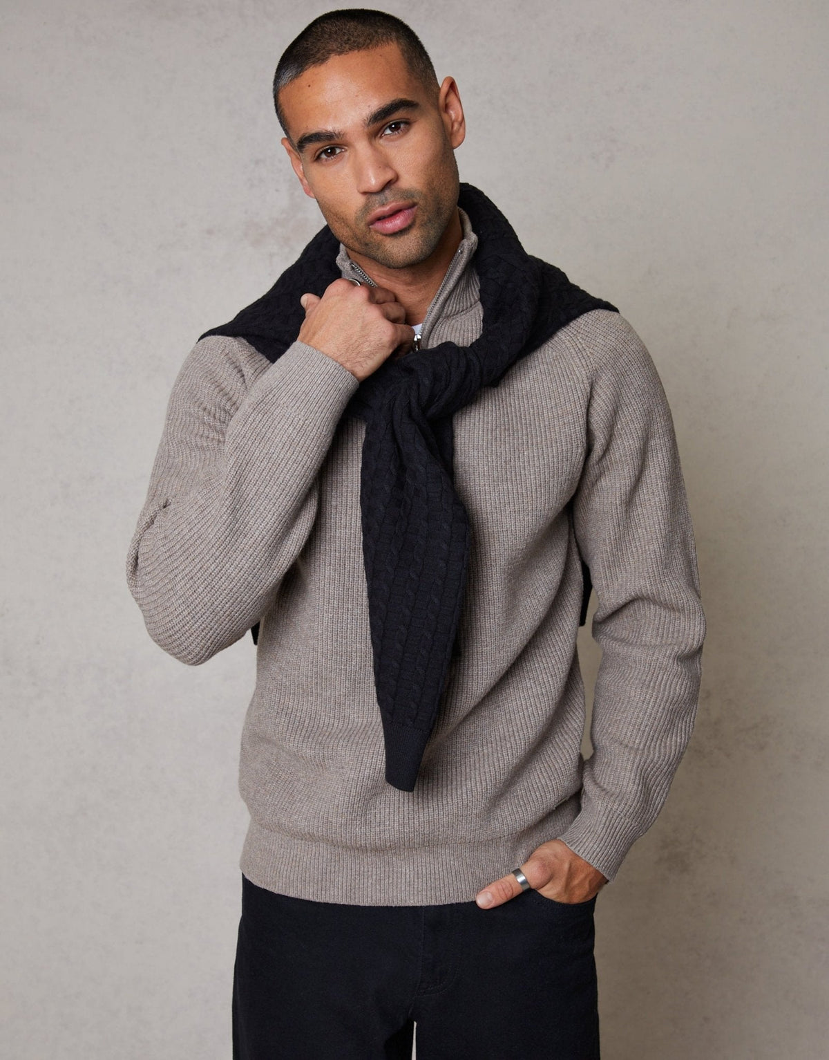 Rib Panel Quarter Zip Knitted Jumper in Taupe