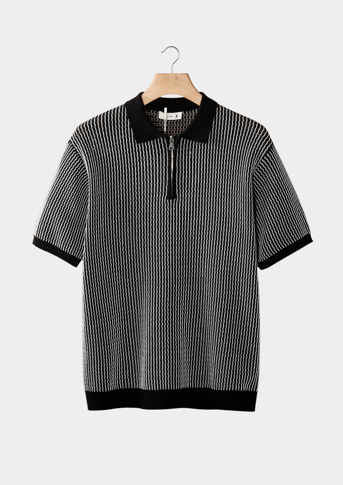 Black Geometric Textured Zipper Polo by SATRI & CO. – product view 1