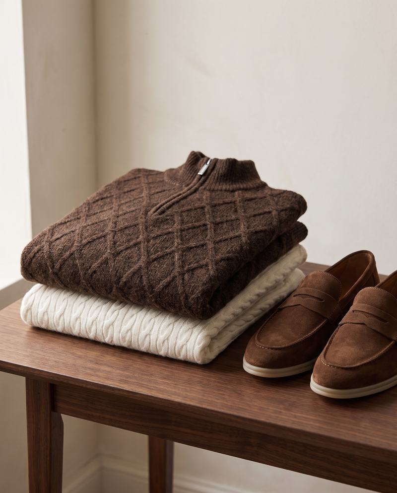 Folded chocolate-brown and ecru cable-knit quarter zips beside brown suede loafers on a walnut table
