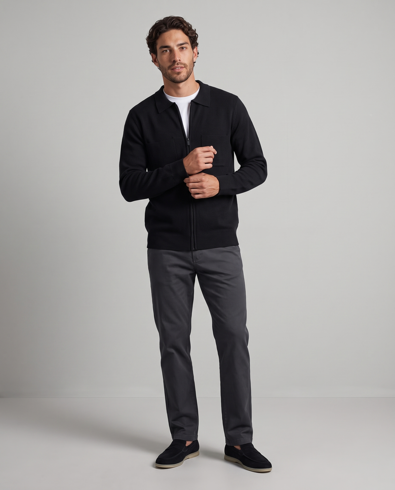 SATRI model in a black zip-through knitted shacket, graphite chinos and black suede loafers