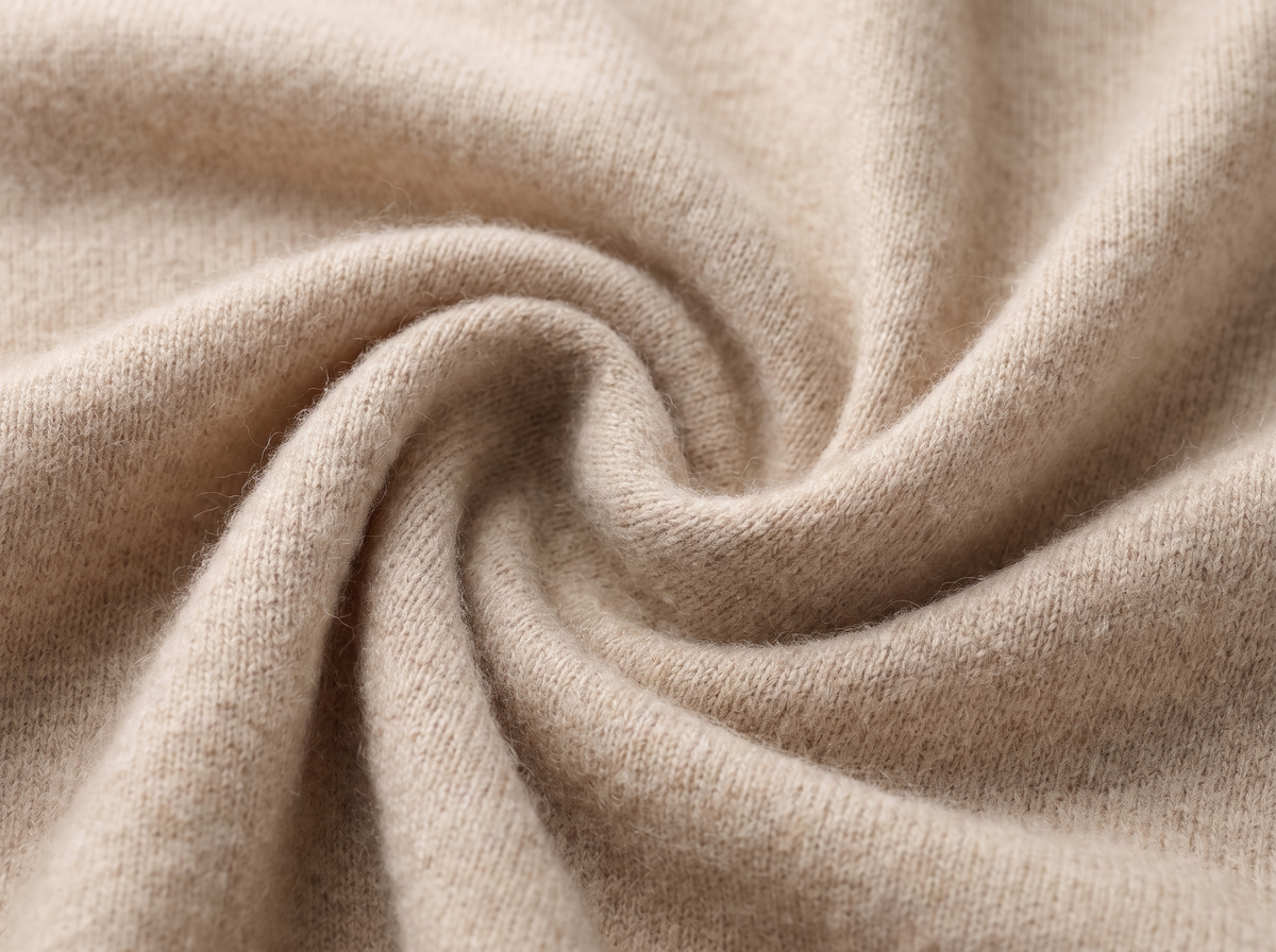 Close-up of soft brushed oatmeal cashmere knit in a spiral fold