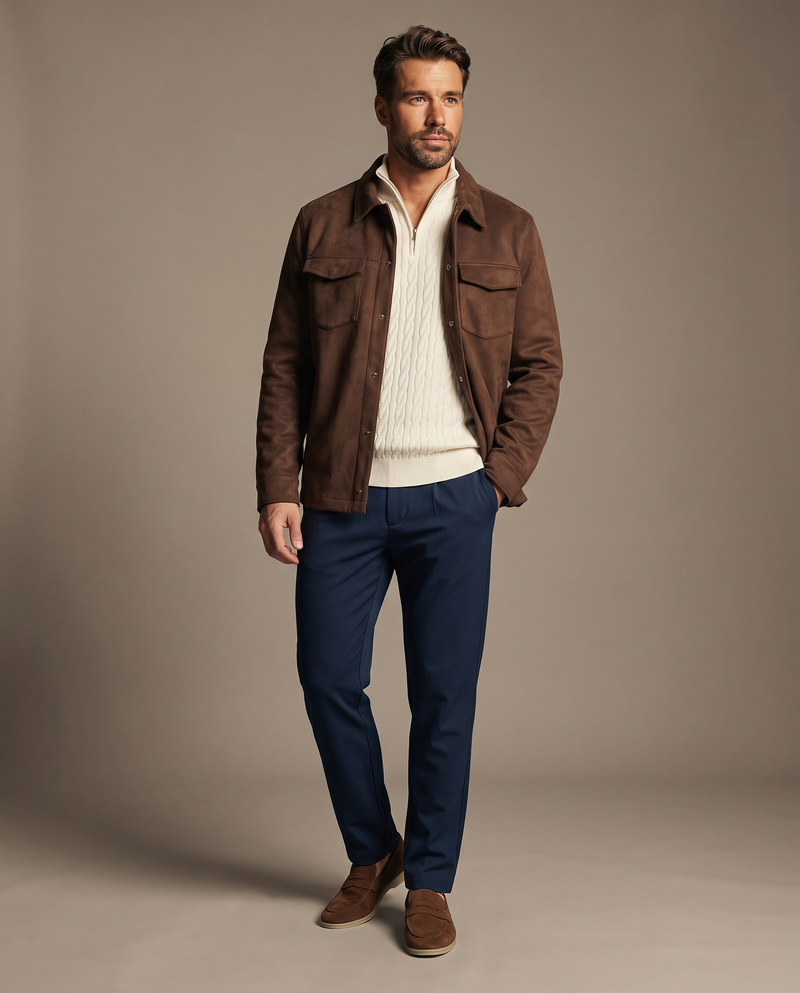 SATRI & CO. model wearing a brown faux-suede overshirt, ecru cable-knit quarter zip, navy stretch chinos and brown suede loafers